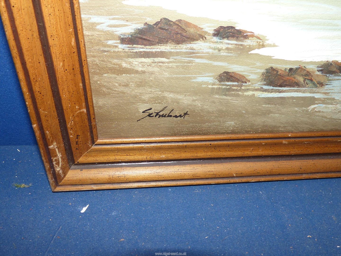 A framed Oil on canvas signed lower left 'Schubert' depicting a seascape at sunrise, - Image 2 of 2