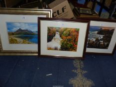 Three framed Prints to include a seascape, a waterfall and a lake with snow capped mountains.