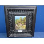 A heavily carved framed Oil on board depicting a path leading through woodland,