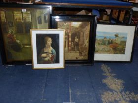 Four framed Prints; 'The Boyhood of Raleigh', Courtyard of a house by Pieter de Hooch,