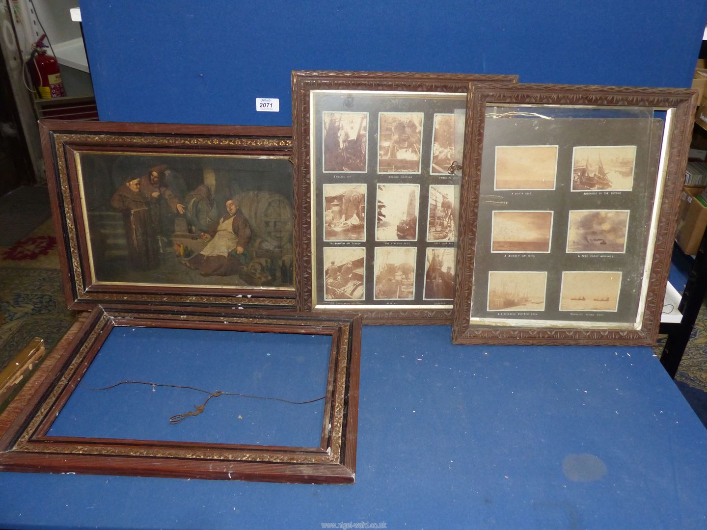 A framed Oil on canvas depicting Monks in a wine cellar with one having over indulged,