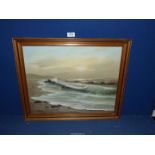 A framed Oil on canvas signed lower left 'Schubert' depicting a seascape at sunrise,