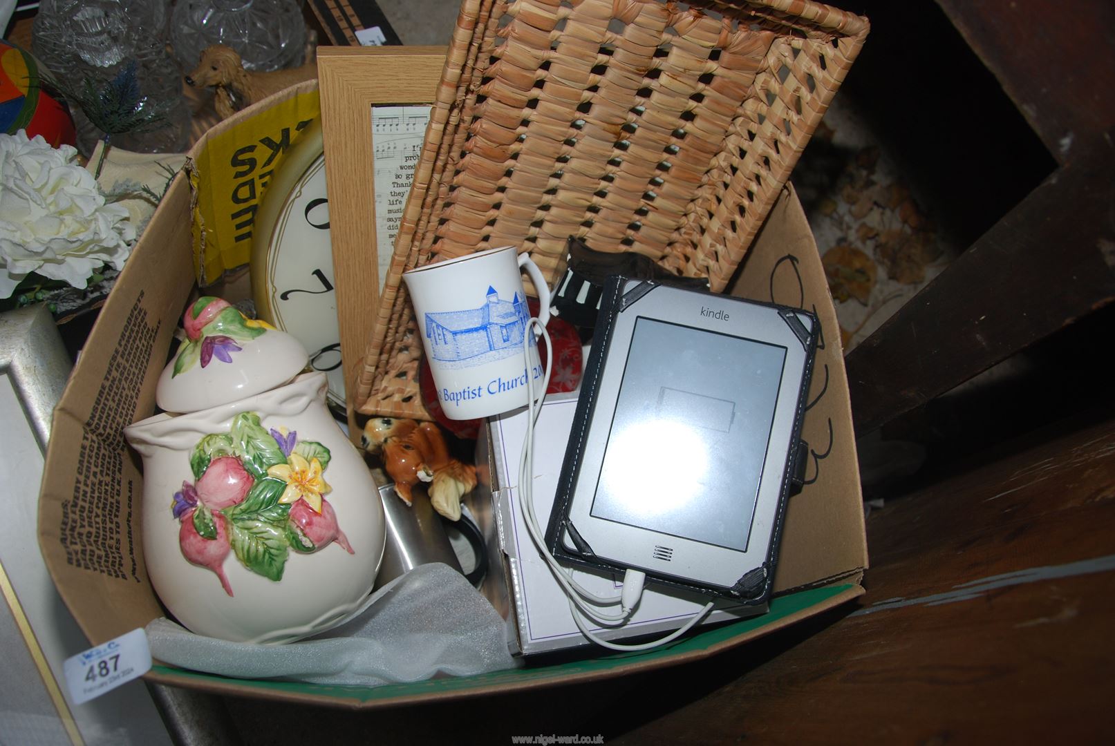 Two boxes of miscellanea, china, wall clock, Kindle, vases, etc. - Image 2 of 3