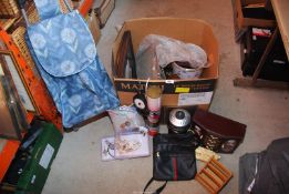 A shopping trolley, box of handbags, luggage scales, jewellery box, etc.
