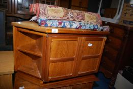 A Teak TV Cabinet, CD unit, runner and wall hanging.