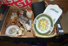 A box of miscellaneous china, carriage clock, etc.