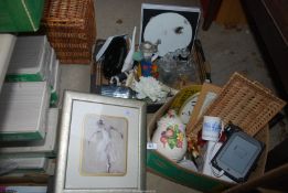 Two boxes of miscellanea, china, wall clock, Kindle, vases, etc.