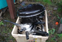 A quantity of pots; pans, and a roasting pan.