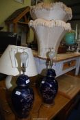 A pair of china table lamps and one other, with shades.
