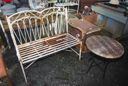 A fold-up metal garden bench - 42" wide x 38" high and a circular table and tea trolley.