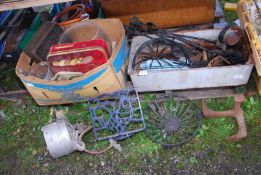 Two boxes of tins, mirror, companion set, LPG light, wall planter, fire irons, etc.