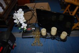 A Bush TV, 21" screen, plus Sky HD box, orchid planter, etc.