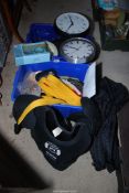 Two boxes of miscellaneous, clock, Stainless steel teapots,and Body protector, etc.