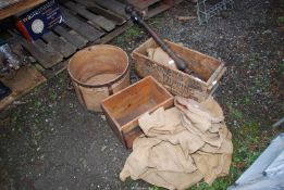 Hessian sacks, old Cooper dipping powder box, wooden bucket, etc.