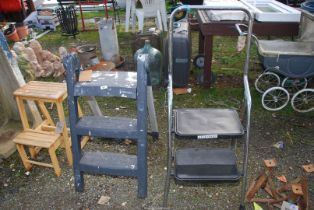 Three step stools - 1 x wooden and 2 x plastic.