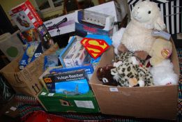 Three boxes to include soft toys, Star War toys, puzzles, air fix models, etc.
