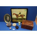 A mixed lot comprising gift frame oval still life 8" long, polished stone jar, carved stone jar,