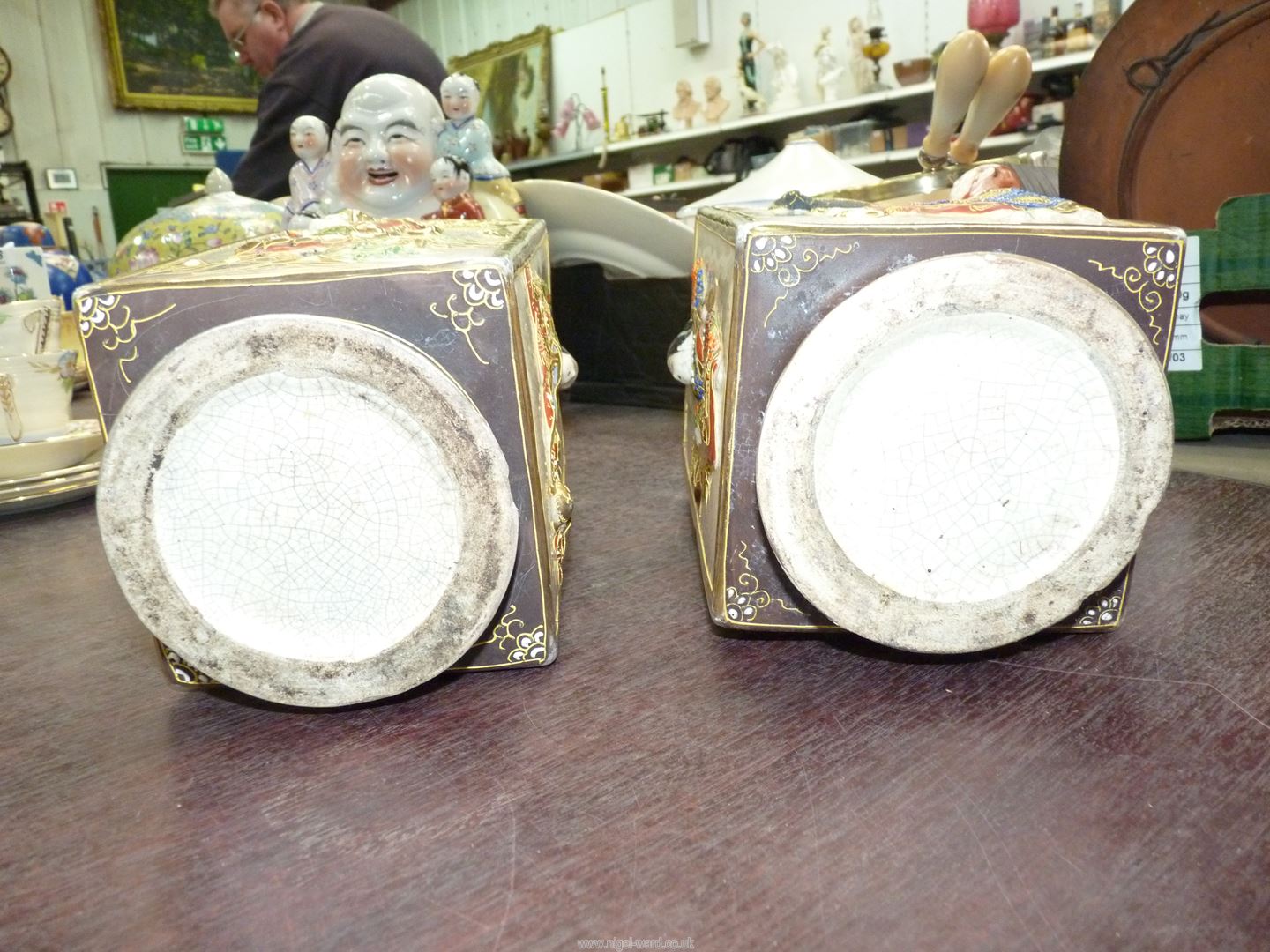 A pair of Oriental square vases, and a laughing Buddha with Children. - Image 3 of 21