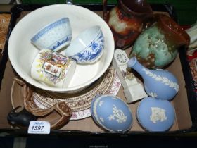A box of miscellaneous china including two Ewenny Pottery jugs, pale blue Jasperware,