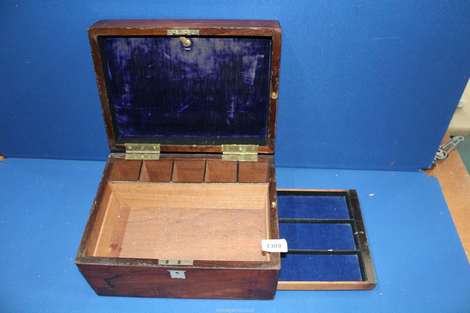 A mahogany ladies travel box having Mother of Pearl escutcheon and lower drawer opened by a brass - Image 2 of 2