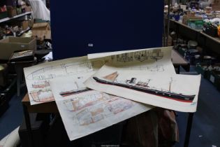 Twelve shipyard working blueprint drawings for trawler yachts in pen and ink and watercolour,