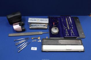 A small quantity of miscellanea including drawing set in wallet (incomplete), cased slide rule,