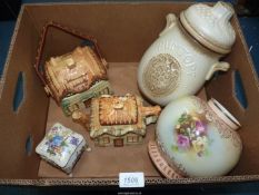 A large West German Rumtoff 12" tall, a Keele St pottery cottage pattern biscuit barrel and teapot,