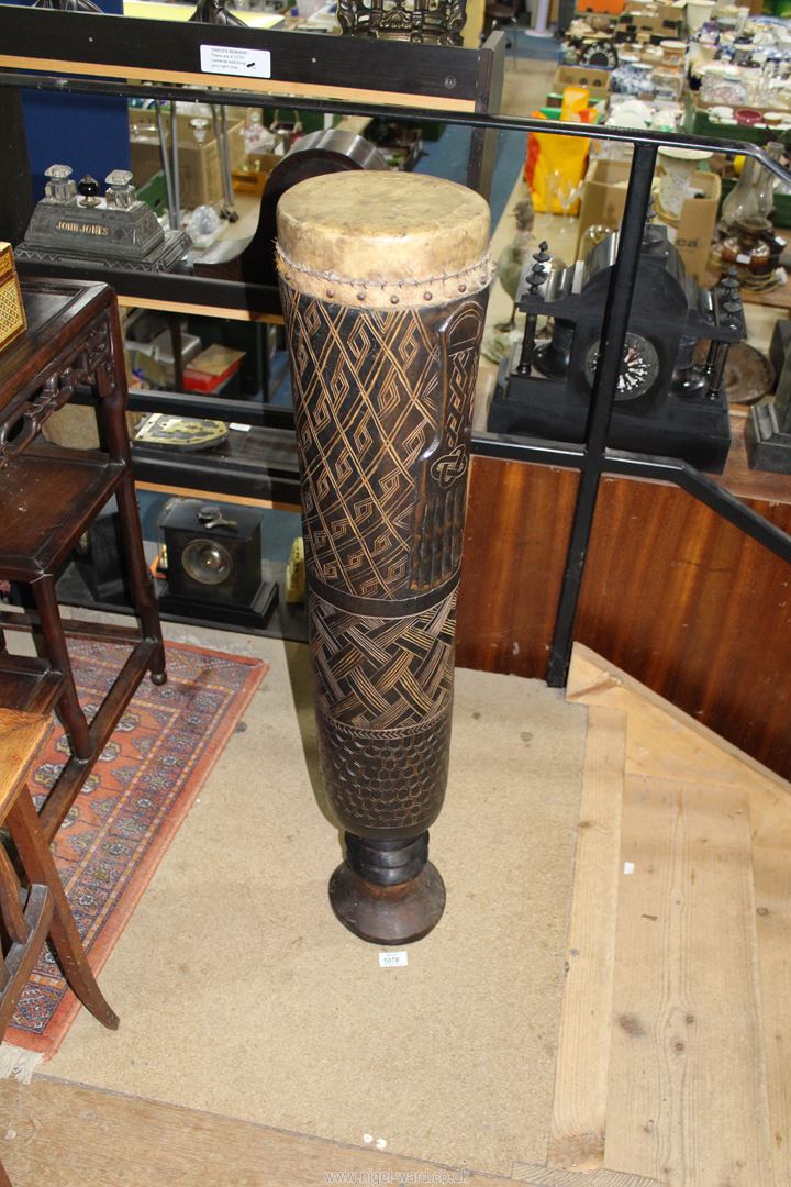 A Tribal Kuba cylindrical Drum on a pedestal base, stitched animal hide skin, - Image 2 of 2