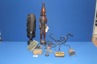 Two tribal Art figures, a vintage parking light, rear view mirror, etc.