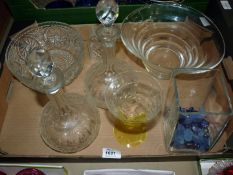 A quantity of clear glass including a pair of decanters, Webb's glass vase on yellow stem and foot,