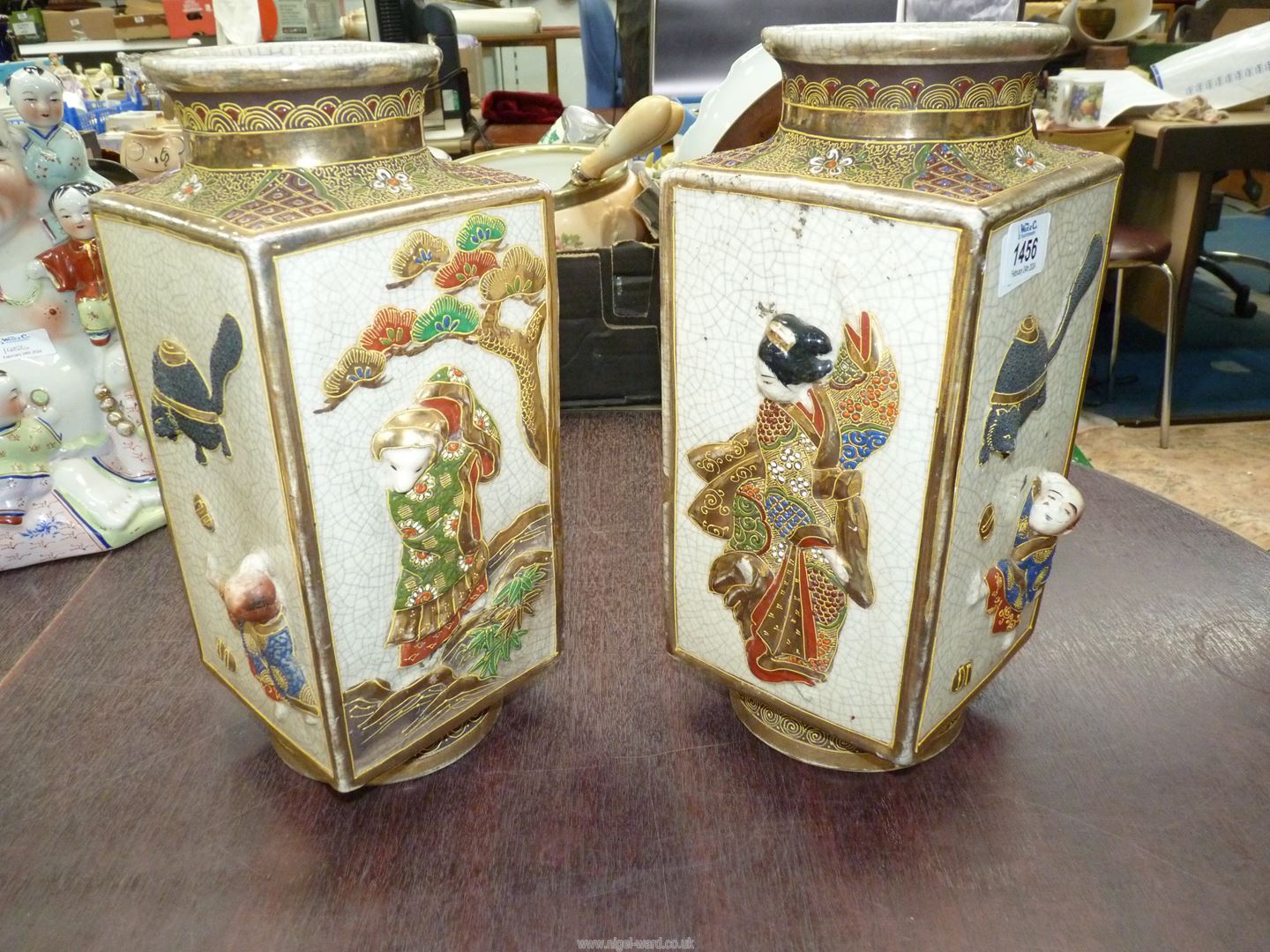 A pair of Oriental square vases, and a laughing Buddha with Children. - Image 2 of 21