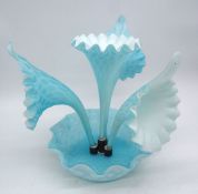A pale blue lattice "Jack in the pulpit" Epergne, four sections, 10 1/2" tall.