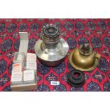 A Bed chamber oil lamp plus a chromium plated Aladdin lamp and five boxed "Gas light mantles -"The