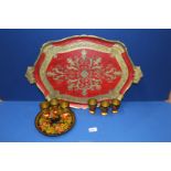 A colourful papier mache tray plus six matching egg cups and large ornate Italian tray in red and