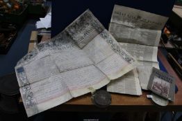 A George III Vellum indenture with large wax seal, together with some 1800's part newspapers,
