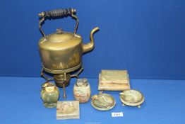 A small quantity of miscellaneous including a brass spirit kettle, two onyx lighters, ashtrays,