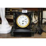 A 19th c mantle clock white enamel dial inlaid with variegated marble 8" wide x 8 1/2 "tall with