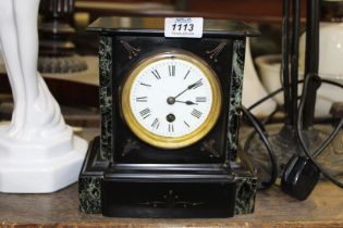 A 19th c mantle clock white enamel dial inlaid with variegated marble 8" wide x 8 1/2 "tall with