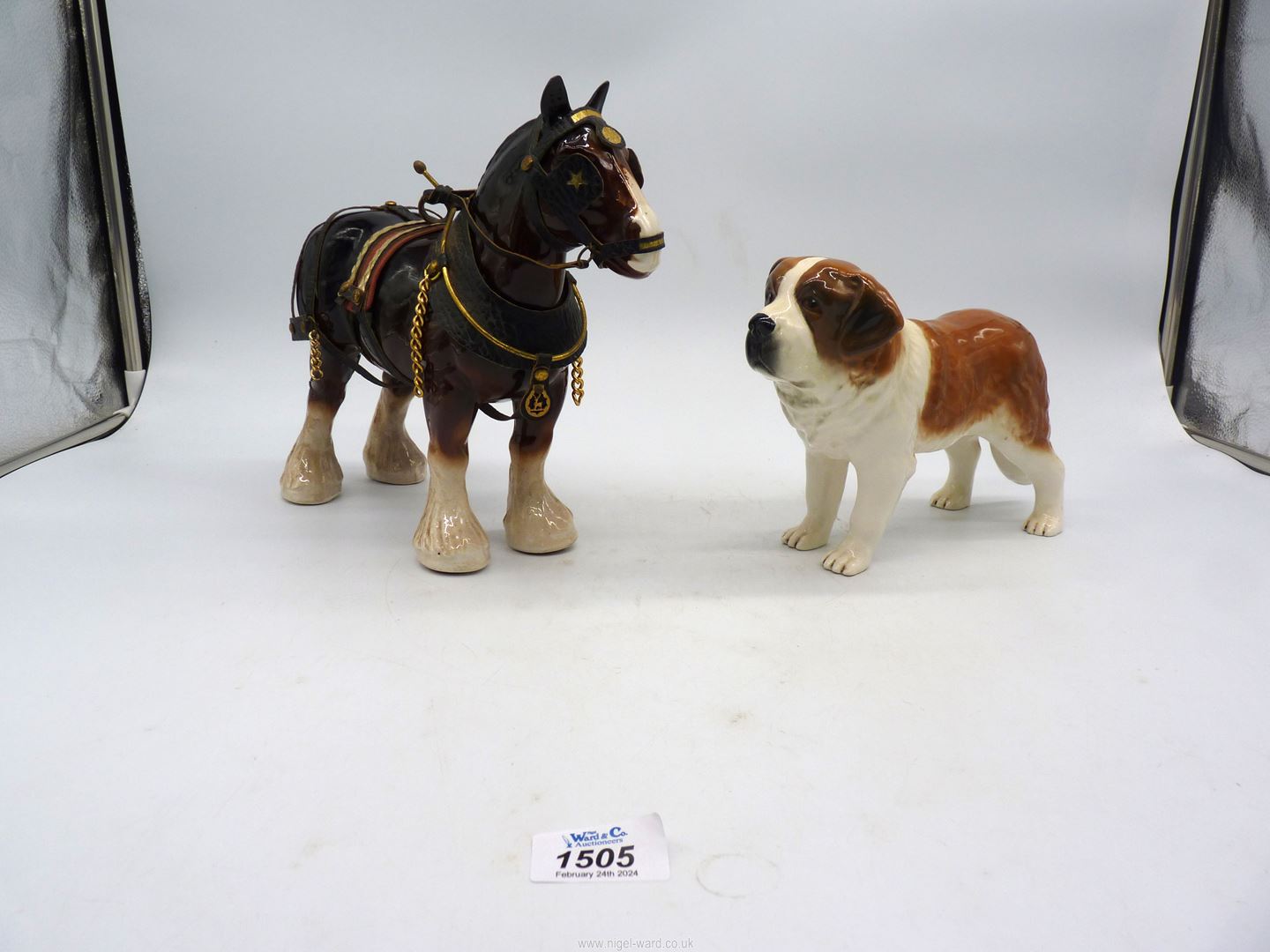A large Sylvac St Bernard dog, 9" long plus a large Shire Horse in full harness, 10" long.