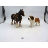 A large Sylvac St Bernard dog, 9" long plus a large Shire Horse in full harness, 10" long.