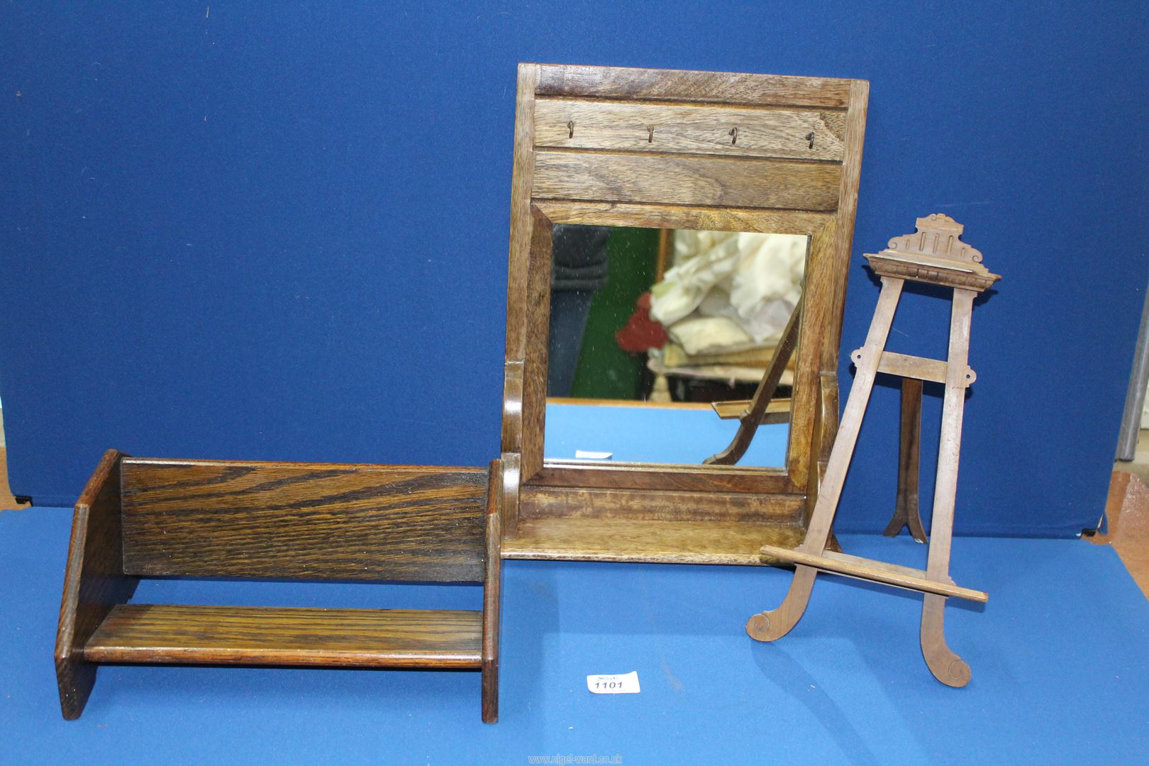 A combined mirror- shelf and key hooks 10" long and an early 20th c book trough 12" long and an