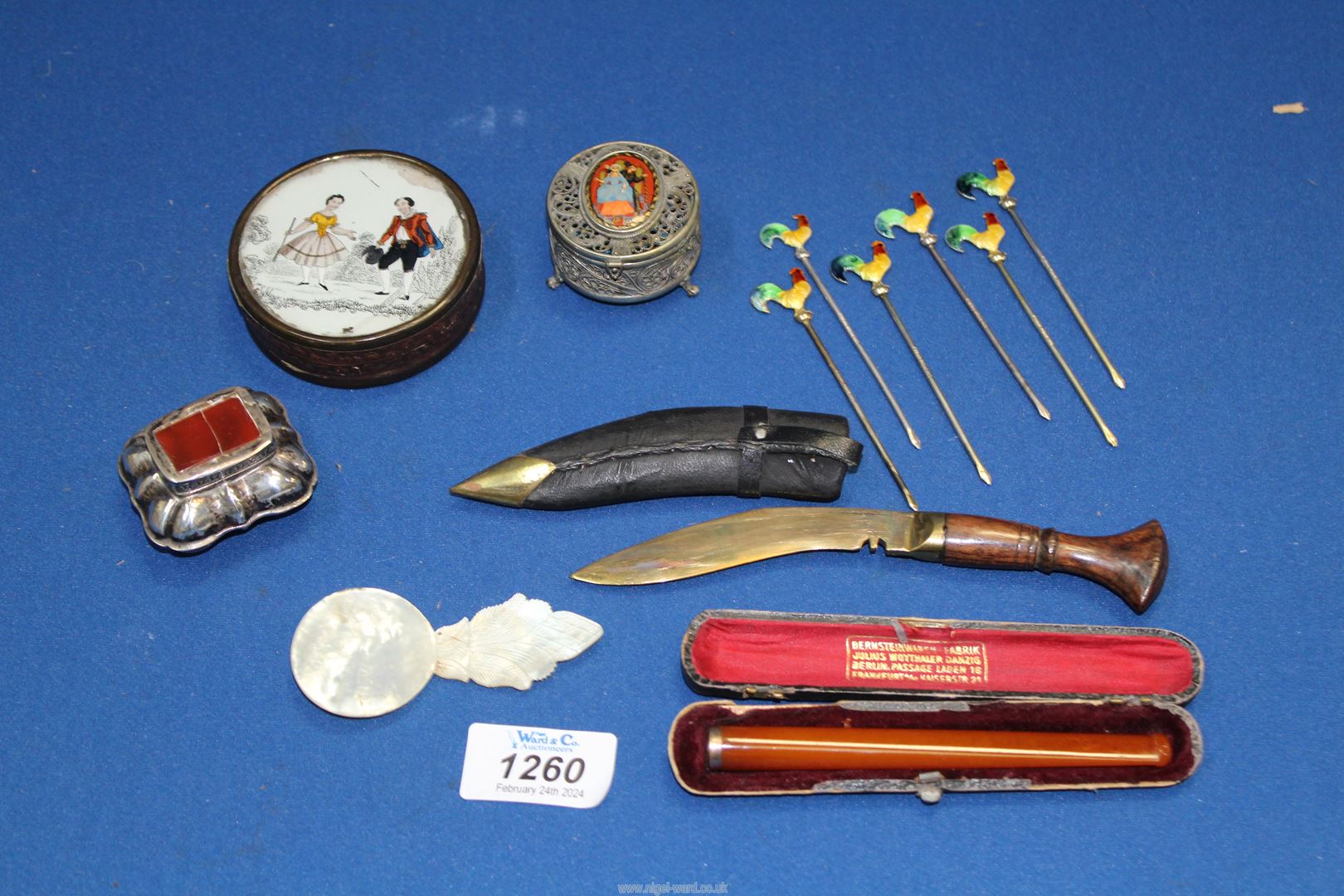 Five sterling silver Cocktail sticks with enamel cockerel finials and a small Dutch silver