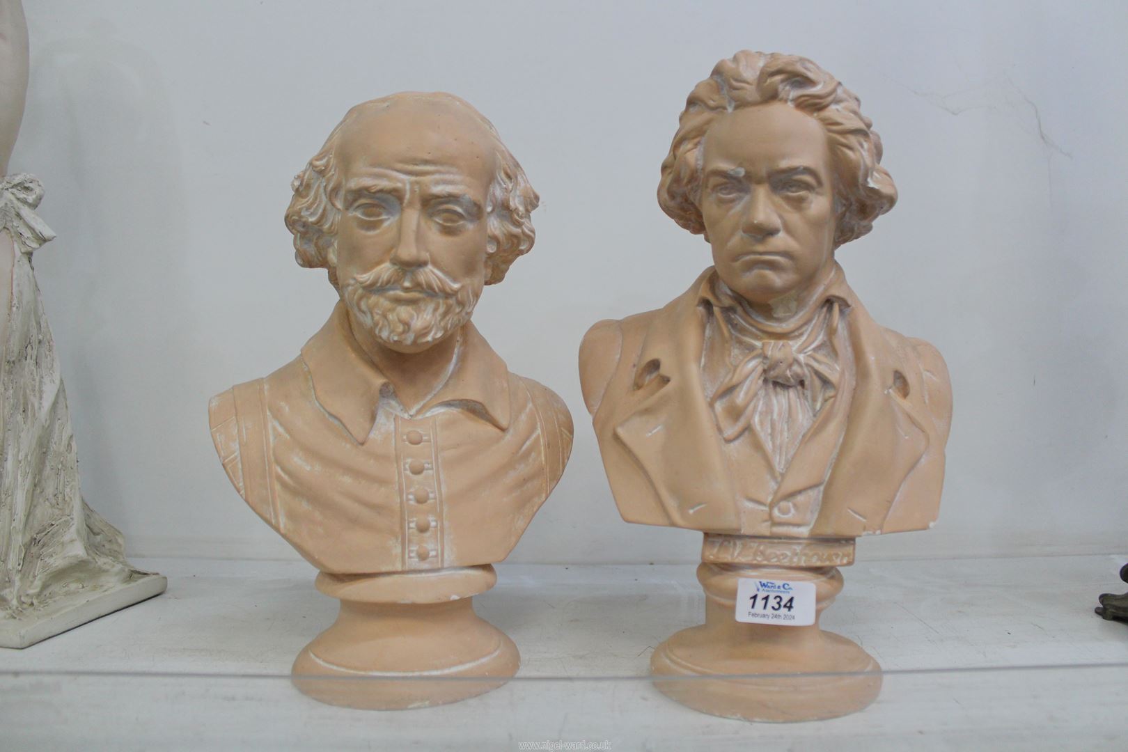 Two terracotta coloured plaster busts; one of Beethoven, 13" tall, the other of William Shakespeare, - Image 2 of 2