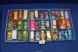 Three trays of toy vehicles including; Matchbox Lesney Zanara, Fiat 1500, Ford pick up, Mazda RX50,
