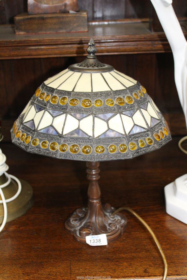 A Tiffany style table lamp with shade of white, blue and yellow patterns, 15" tall. - Image 2 of 2