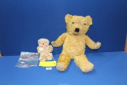 Two Teddies; one 1950's lambskin Tinka-Bell toy with original label and bag (7" tall),