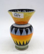 A Moorland chrome ware Trial Vase with blue, orange and green bands with a black triangular pattern,