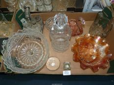 A quantity of glass including; pink Murano swan dish, two carnival bowls,