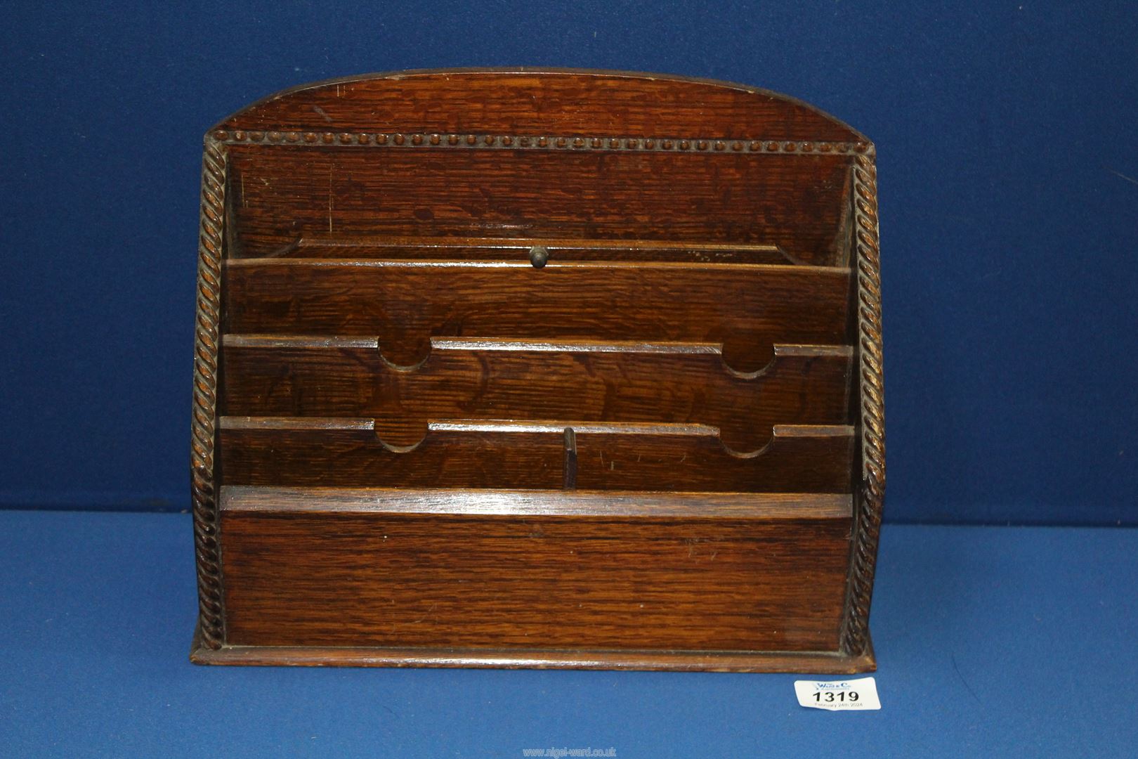 A oak 1930's letter holder having a sliding lid, 12 1/2" x 4 1/4" x 10 1/8" high. - Image 2 of 2