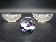 A Caithness 'Moon Crystal' paperweight and a pair of cut glass sweet dishes